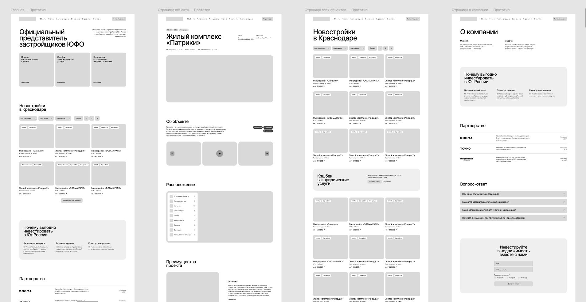 Часть страницы Фигмы с прототипами страниц: "Главная", "Объект", "Все объекты", "О компании"